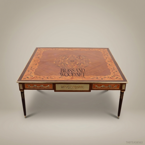 Louis XVI Floral Marquetry Tea Table Ormolu Brass Mounts Ebonised Legs Brass & Wood Front View | Brass & Wood