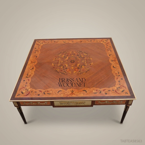 Louis XVI Floral Marquetry Tea Table Ormolu Brass Mounts Ebonised Legs Brass & Wood Front View | Brass & Wood