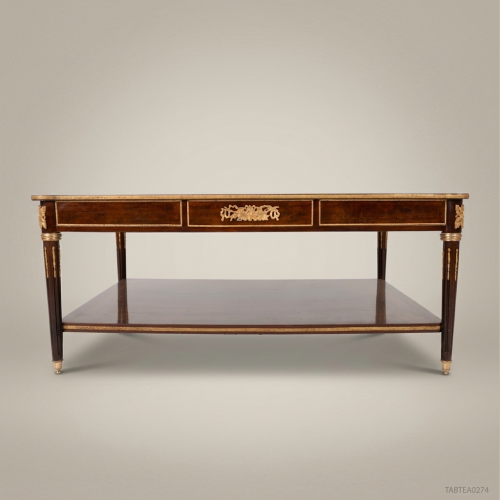 Louis XVI Marquetry Tea Table Ebonised Wood Gilt Bronze Ormolu Mounts Brass and Wood Front View | Brass & Wood