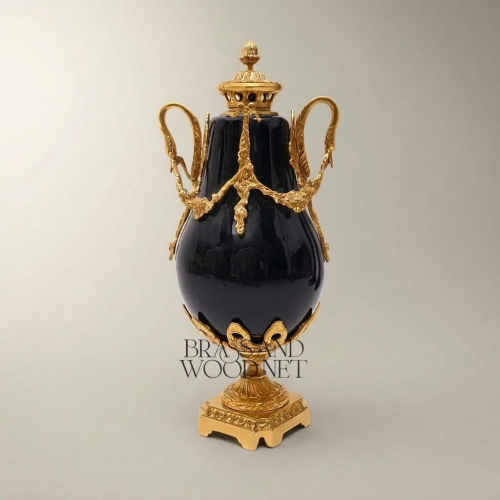 Louis XVI Neoclassical Navy Blue Ceramic Lidded Urn Vase with Swan-Handle Brass Mounts – Brass & Wood Gold Front | Brass & Wood