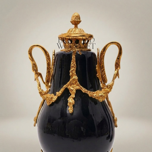 Louis XVI Neoclassical Navy Blue Ceramic Lidded Urn Vase with Swan-Handle Brass Mounts – Brass & Wood Gold Front | Brass & Wood