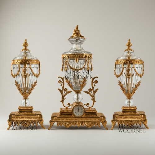 Louis XVI Neoclassical Brass & Crystal 3-Piece Mantel Clock Garniture Set with Swag Ormolu Mounts