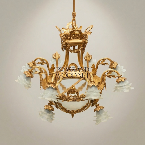 Louis XVI Neoclassical Brass & Frosted Glass Chandelier with Floral Shades and Laurel Wreath Bowl