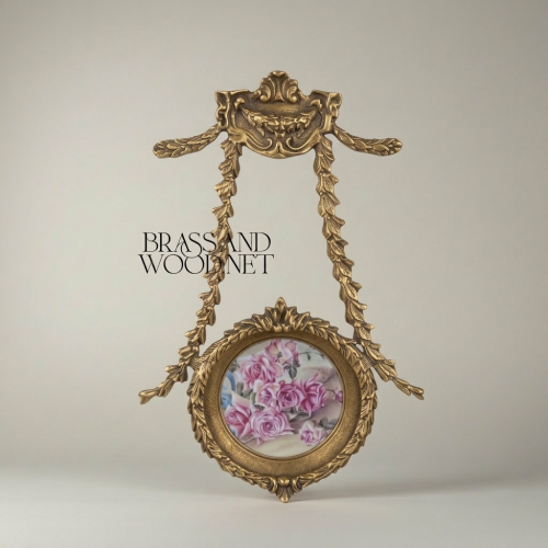 Louis XVI Neoclassical Brass Hanging Plate Frame - Laurel Swag Suspension