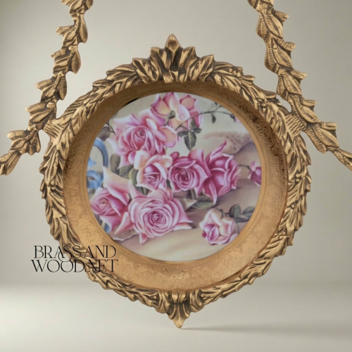 Louis XVI Neoclassical Brass Hanging Plate Frame - Laurel Swag Suspension