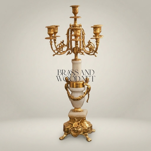 Louis XVI Neoclassical Brass & Marble 5-Arm Candelabra with Urn Column