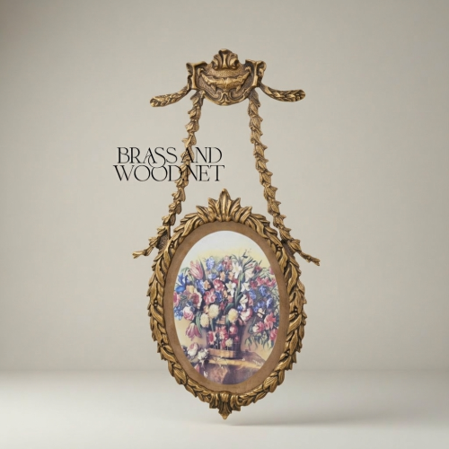 Louis XVI Neoclassical Brass Oval Wall Frame with Ribbon Swag & Acanthus Border