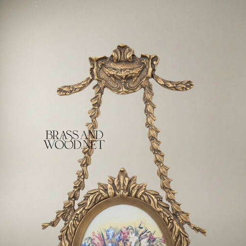 Louis XVI Neoclassical Brass Oval Wall Frame with Ribbon Swag & Acanthus Border