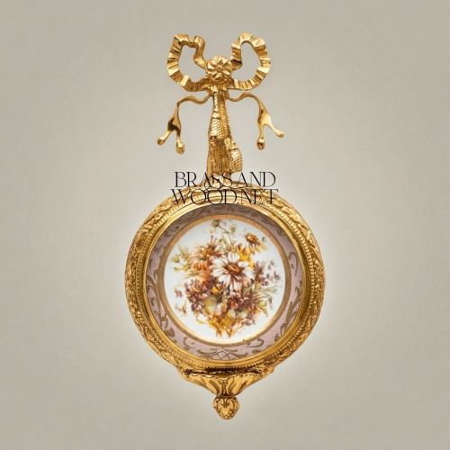 Louis XVI Neoclassical Brass & Porcelain Wall Frame - Ribbon Bow Crest with Floral Medallion