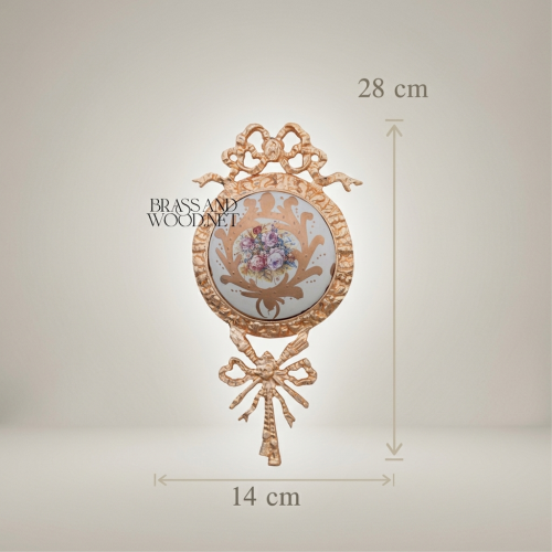 Louis XVI Neoclassical Brass Wall Medallion Bow Ribbon Hand-Painted Floral Ceramic Centre Brass and Wood Gold Front | Brass & Wood