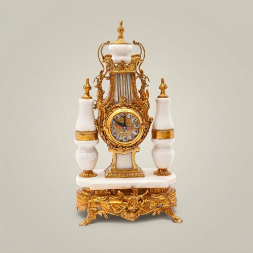 Louis XVI Neoclassical Brass & White Marble Mantel Clock Set with Lyre Motif & Twin Candelabra