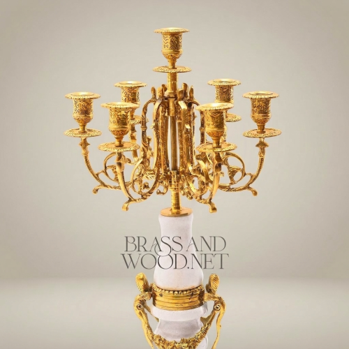 Louis XVI Neoclassical Brass & White Marble Mantel Clock Set with Lyre Motif & Twin Candelabra