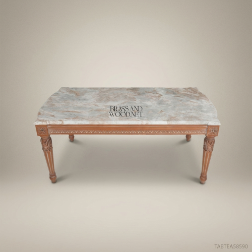 Louis XVI Neoclassical Coffee Table Carved Solid Walnut Acanthus Fluted Legs Natural Marble Top Brass & Wood Front View | Brass & Wood