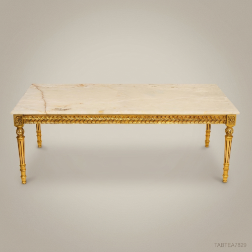 Louis XVI Neoclassical Coffee Table – Gold Leaf Frame & Cream Marble Top