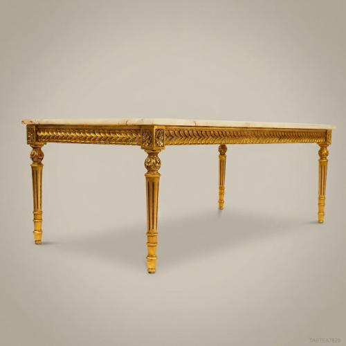 Louis XVI Neoclassical Coffee Table – Gold Leaf Frame & Cream Marble Top