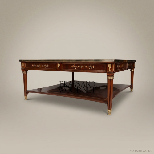 Louis XVI Neoclassical Coffee Table Floral Marquetry Solid Mahogany Antique Brass Mounts Brass & Wood Front View | Brass & Wood
