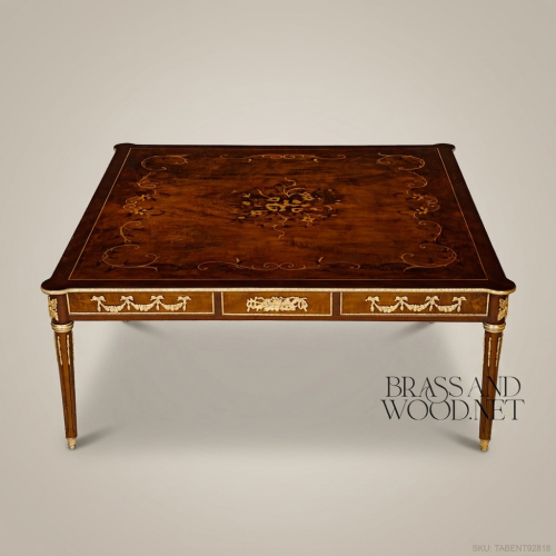 Louis XVI Neoclassical Coffee Table Solid Mahogany Marquetry Inlay Antique Brass Ormolu Mounts Brass and Wood Front View | Brass & Wood