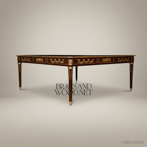 Louis XVI Neoclassical Coffee Table Solid Mahogany Marquetry Inlay Antique Brass Ormolu Mounts Brass and Wood Front View | Brass & Wood