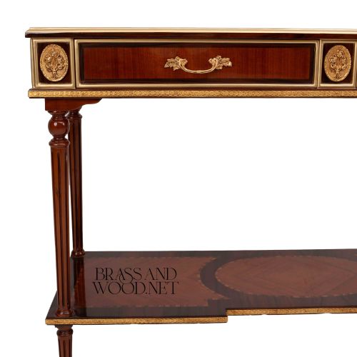 Louis XVI Neoclassical Console Table Solid Mahogany Gilded Brass Ormolu Mounts Brass and Wood Side View | Brass & Wood