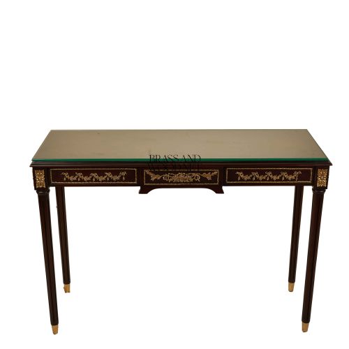 Louis XVI Neoclassical Console Table Solid Wood Gilded Ormolu Brass Mounts Glass Top Brass & Wood Front View | Brass & Wood