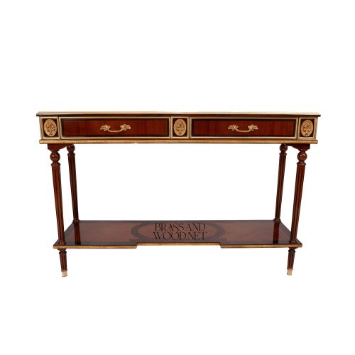 Louis XVI Neoclassical Console Table Solid Mahogany Gilded Brass Ormolu Mounts Brass and Wood Side View | Brass & Wood