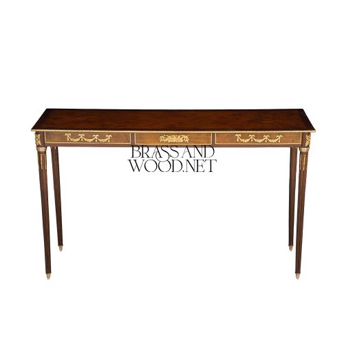 Louis XVI Neoclassical Console Table Solid Walnut Antique Gold Ormolu Swags Fluted Legs Brass and Wood Front View | Brass & Wood