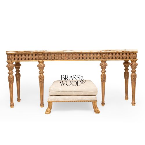 Louis XVI Neoclassical Console Table Gold Leaf Carved Wood Onyx Marble Top Brass & Wood Front View | Brass & Wood