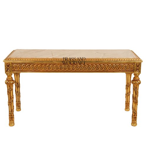 Louis XVI Neoclassical Console Table Gold Leaf Carved Solid Wood Cream Marble Top Brass & Wood Front View | Brass & Wood