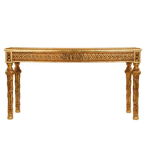 Louis XVI Neoclassical Console Table Gold Leaf Carved Solid Wood Cream Marble Top Brass & Wood Front View | Brass & Wood