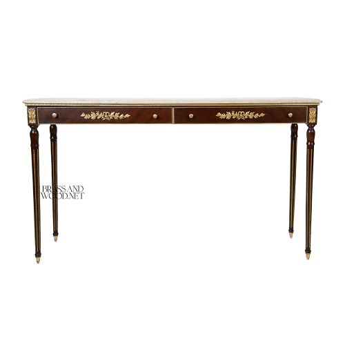 Louis XVI Neoclassical Console Table Dark Mahogany Marble Top Gilt Bronze Ormolu Laurel Brass & Wood Front View | Brass & Wood