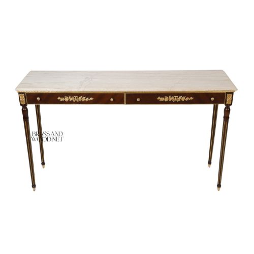 Louis XVI Neoclassical Console Table Dark Mahogany Marble Top Gilt Bronze Ormolu Laurel Brass & Wood Front View | Brass & Wood