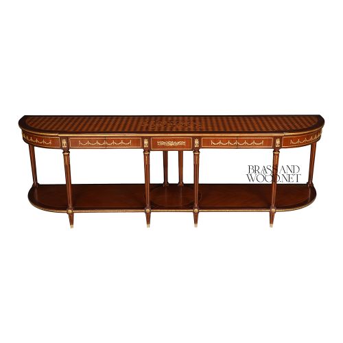 Louis XVI Neoclassical Demilune Console Table Solid Mahogany Diamond Parquetry Floral Marquetry Ormolu Brass Mounts Brass & Wood Front View | Brass & Wood