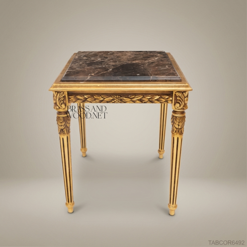 Louis XVI Neoclassical Corner Table Gold Leaf Carved Wood Emperador Dark Marble Brass & Wood Front View | Brass & Wood