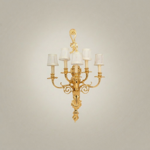 Louis XVI Five-Arm Neoclassical Brass Wall Sconce Acanthus Backplate Off-White Shades Gold Front | Brass & Wood