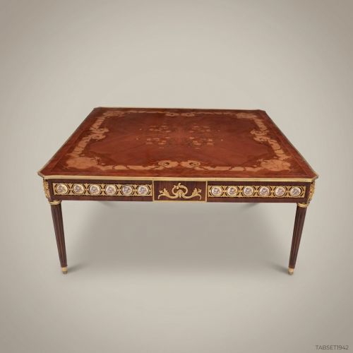 Louis XVI Neoclassical Marquetry Coffee Table with Gilt Bronze Medallions