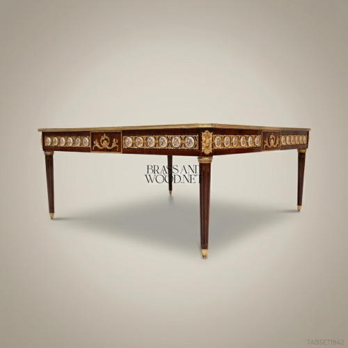 Louis XVI Neoclassical Marquetry Coffee Table with Gilt Bronze Medallions