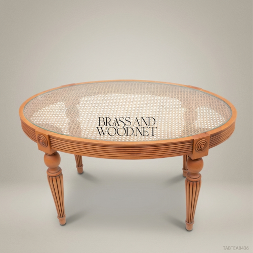 Louis XVI Neoclassical Oval Coffee Table – Fluted Legs & Cane Glass Top