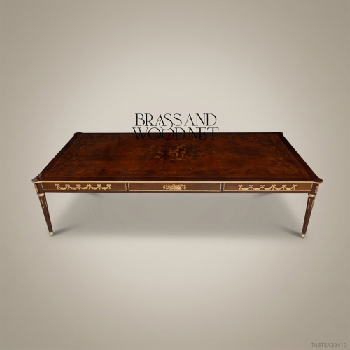 Louis XVI Neoclassical Solid Mahogany Tea Table Sunburst Marquetry Gilt Bronze Ormolu Mounts Brass & Wood Front View | Brass & Wood