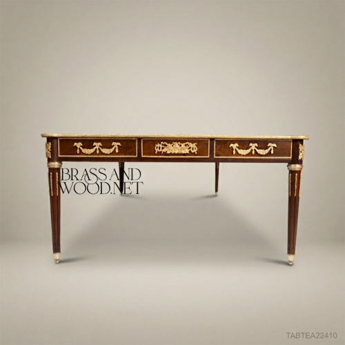 Louis XVI Neoclassical Solid Mahogany Tea Table Sunburst Marquetry Gilt Bronze Ormolu Mounts Brass & Wood Front View | Brass & Wood