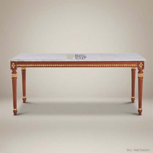 Louis XVI Neoclassical Tea Table White Marble Top Fluted Mahogany Gold Leaf Carved Wood Brass & Wood Front View | Brass & Wood