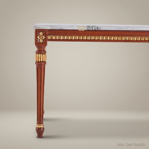 Louis XVI Neoclassical Tea Table White Marble Top Fluted Mahogany Gold Leaf Carved Wood Brass & Wood Front View | Brass & Wood