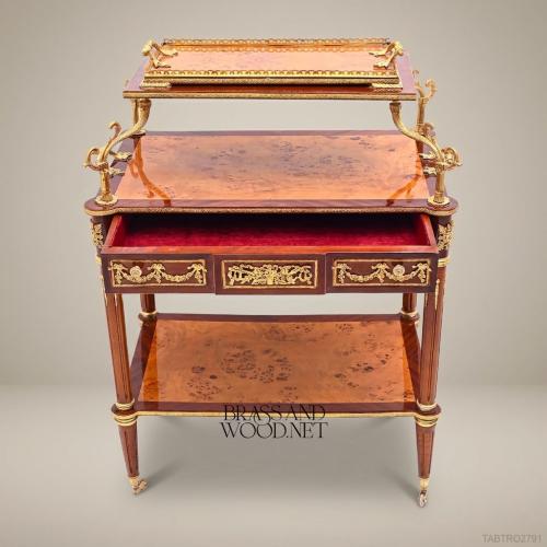 Louis XVI Neoclassical Tea Trolley Amboyna Burl Gilded Bronze Ormolu Three Tier Brass Wood Front View | Brass & Wood