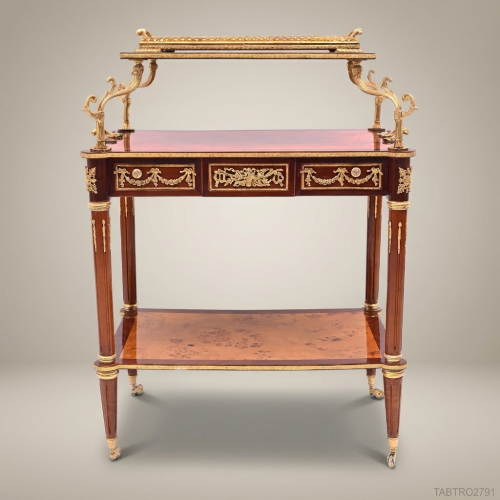 Louis XVI Neoclassical Tea Trolley Amboyna Burl Gilded Bronze Ormolu Three Tier Brass Wood Front View | Brass & Wood