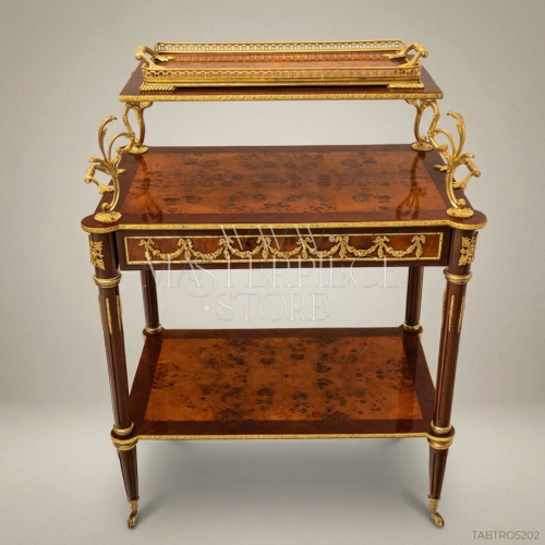 Louis XVI Neoclassical Tea Trolley Burr Walnut Antique Gilt Bronze Ormolu Three Tier Brass & Wood Front View | Brass & Wood