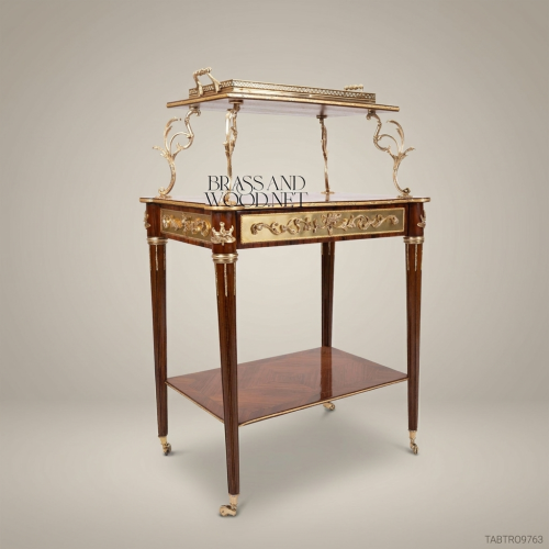 Louis XVI Neoclassical Tea Trolley Mahogany Antique Brass Ormolu Pierced Gallery Tray Brass & Wood Front View | Brass & Wood