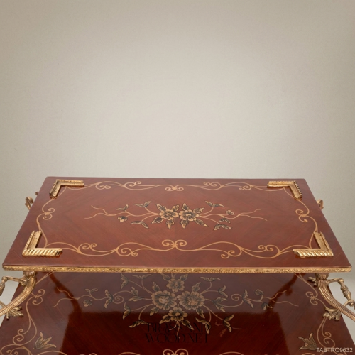 Louis XVI Neoclassical Tea Trolley Mahogany Gilt Bronze Ormolu Hand-Painted Floral Marquetry Brass and Wood Front View | Brass & Wood