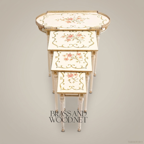 Louis XVI Nesting Service Tables | Ivory Lacquer & Hand-Painted Florals