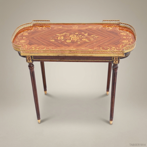 Louis XVI Nesting Service Tables Marquetry Mahogany Antique Brass Gallery Gilded Fluted Legs Brass & Wood Front View | Brass & Wood