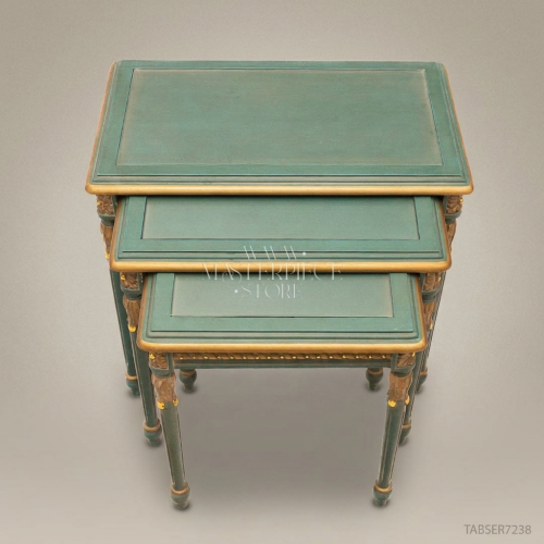 Louis XVI Nesting Tables Sage Green Gold Leaf Carved Solid Wood Set of 3 Brass & Wood Front View | Brass & Wood