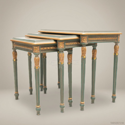 Louis XVI Nesting Tables Sage Green Gold Leaf Carved Solid Wood Set of 3 Brass & Wood Front View | Brass & Wood